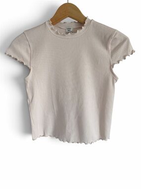 Sunday Best Soft Pink Ribbed Lettuce-Edge Cropped Short Sleeve Tee Small